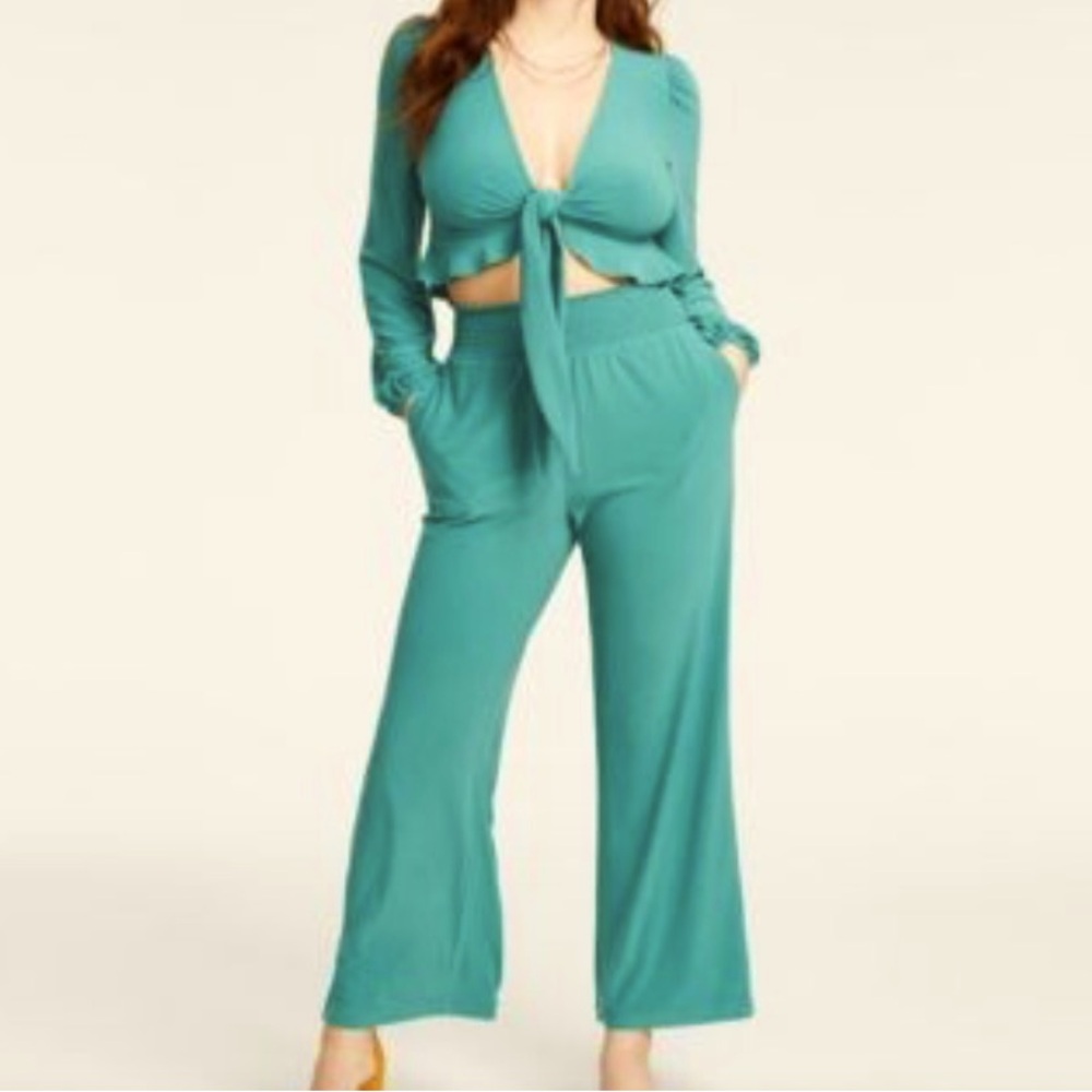 BAR III Tie Front Ruffle Crop Top and Wide Leg Pants Set